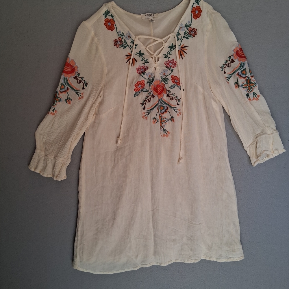 UMGEE USA Size S Cream Lace-Up Tunic with Orange Floral Embroidery 65% Cotton